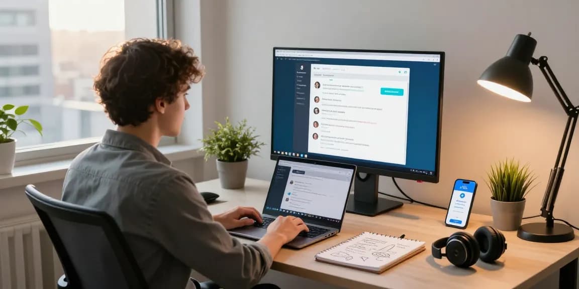 Professional user accessing Telegram Web Version in a modern office with bright lighting and productive atmosphere.