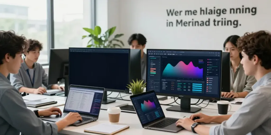 Analysts using AI brand monitoring tools in a bright, collaborative office.