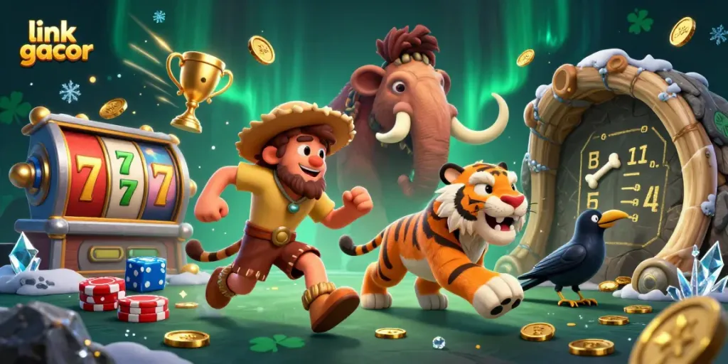 Engage with link gacor in a dynamic prehistoric casino scene featuring caveman characters and gaming elements.