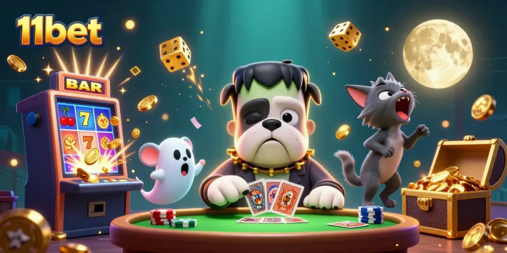 11bet offers thrilling card games with a cartoon bulldog dealer in a vibrant casino setting.