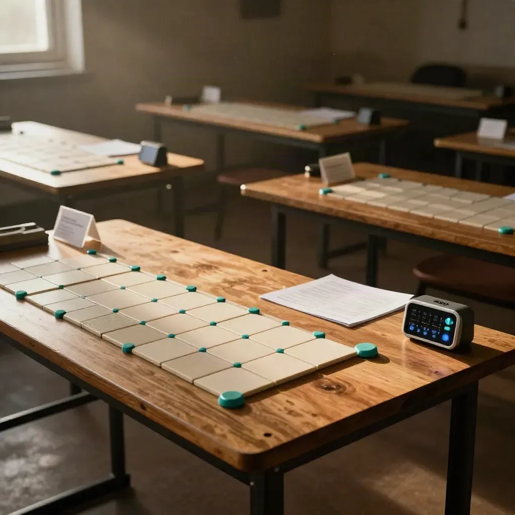 Workshoptafels met magnetische tegels, casenkaarten en een timer in warm avondlicht.