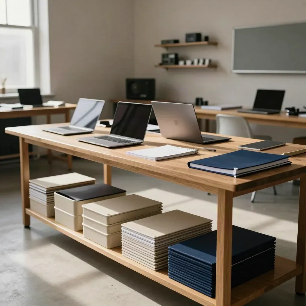 Lege trainingsruimte met cursusboxen, gesloten laptops en een lange eiken werkbank in warm daglicht.
