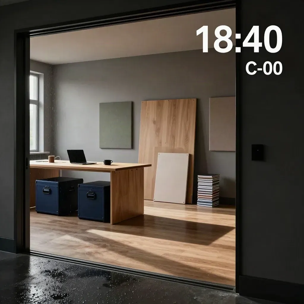 Lege trainingsstudio met workshopkits, laptops en warm laag zonlicht na regen.