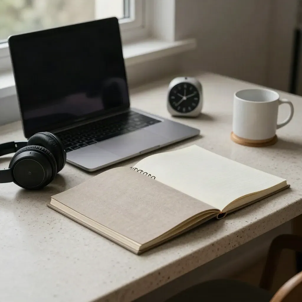 Online cursus op een travertijnen bureau met laptop, koptelefoon, timer en binder.