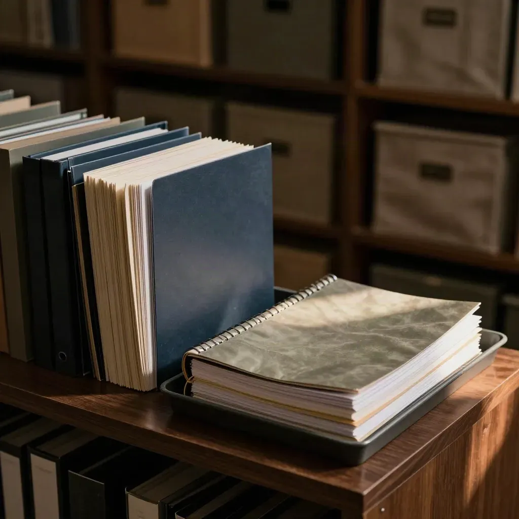 Studiemateriaal met mappen, flashcards, werkboek en opbergtray in warm donker licht