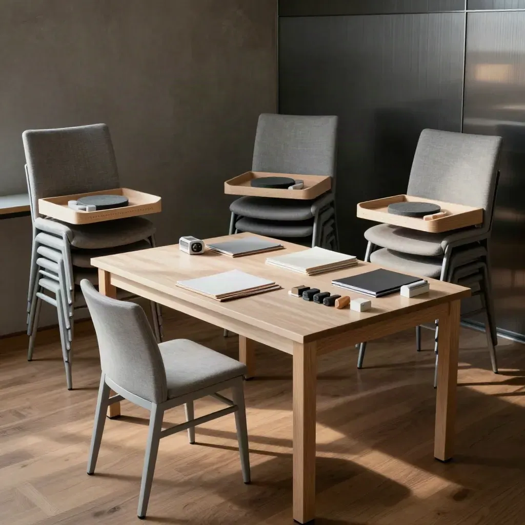 Lege workshopruimte met gestapelde stoelen en uitgezette werkstations rond een centrale tafel.