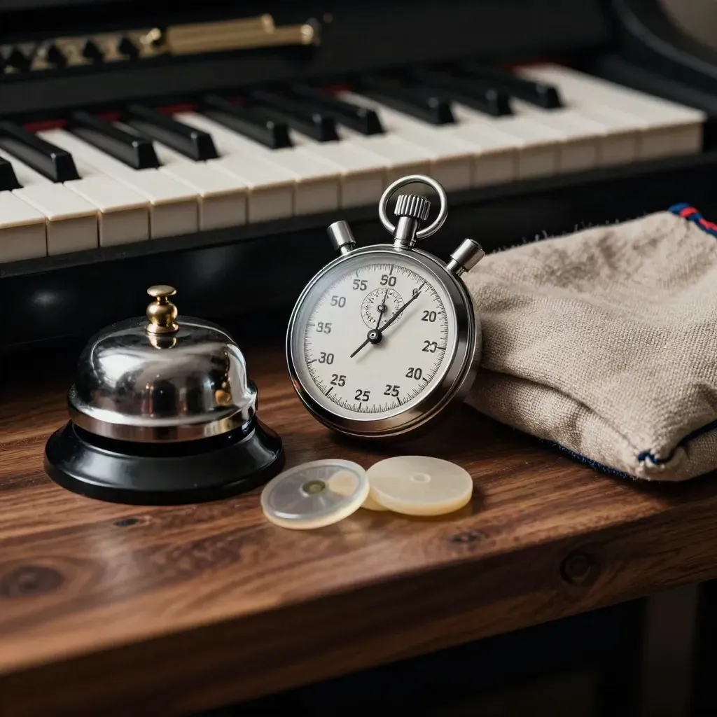 Close-up van stopwatch, bel, tokens en linnen zakje op een houten trainingsblad.