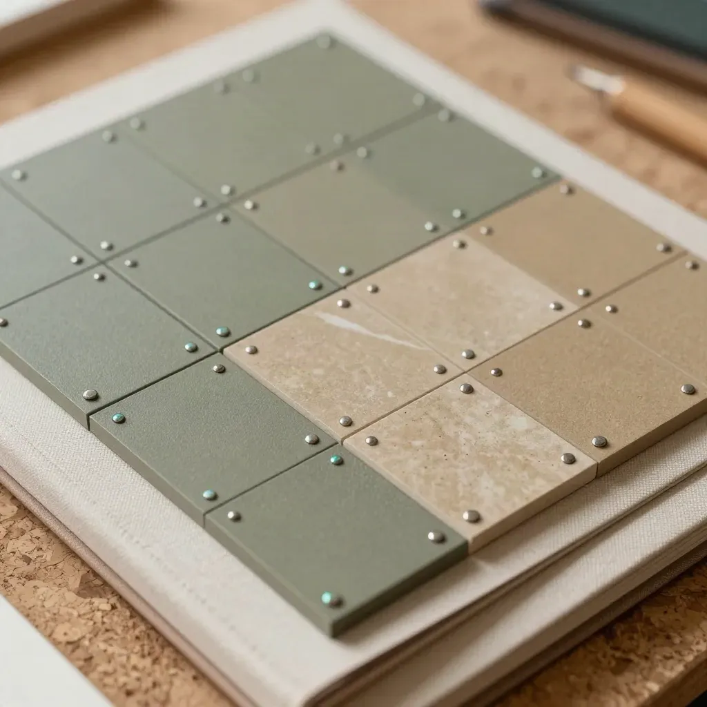 Overhead close-up van curriculumtegels, magnetische stippen en een neutrale binder op een werkvlak.