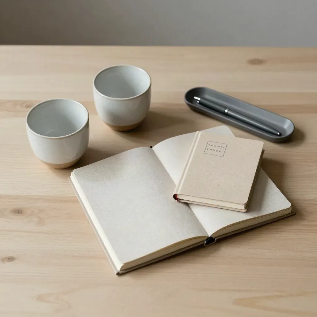 Bovenaanzicht van twee witte kopjes, gesloten notitieboek, agenda-cube en pennenbak op licht hout.