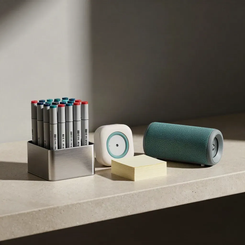Trainingkit op stenen plank met timer, sticky notes en speaker in zacht licht