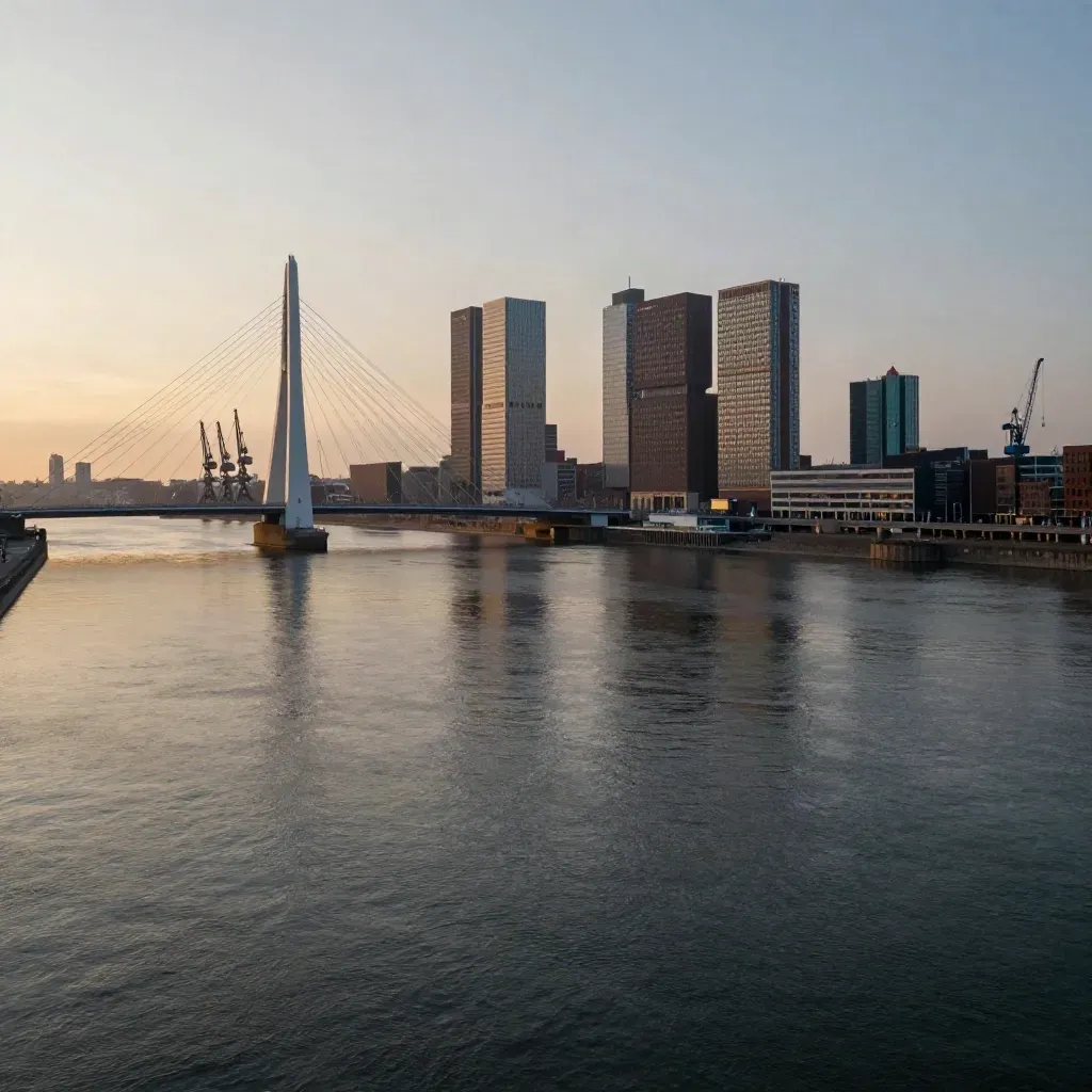 Rotterdam skyline met Erasmusbrug boven een rustige, mistige rivier bij gouden uur.