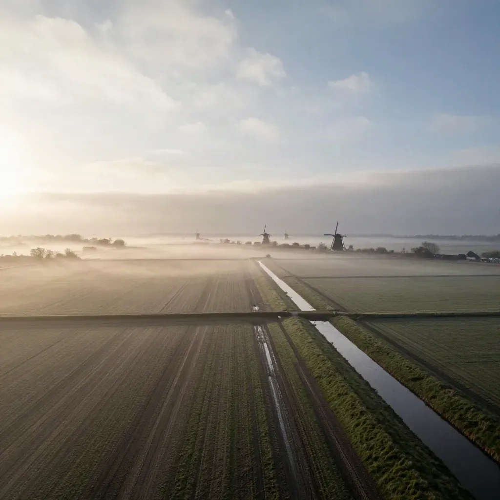Luchtfoto van de Nederlandse polder bij zonsopkomst met mist en windmolens.