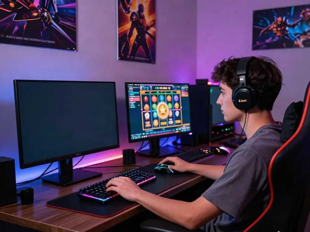 Player enjoying the exciting rokok88 slot game in a vibrant gaming setup, illuminated by colorful graphics.