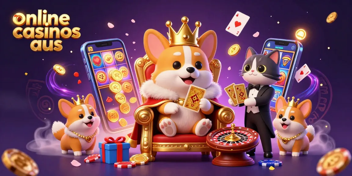 Engage with exciting online casinos aus through this vibrant corgi-themed casino illustration.