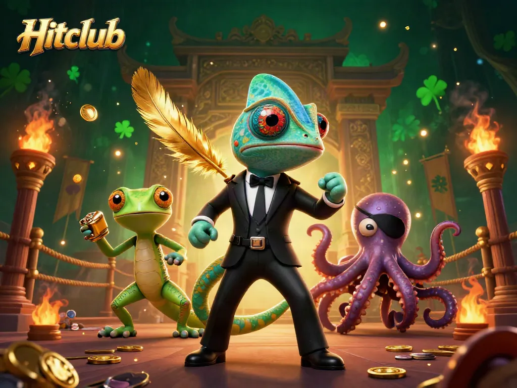 Engage in thrilling gameplay with Hitclub's vibrant 3D casino characters amidst gold coins and rich effects.