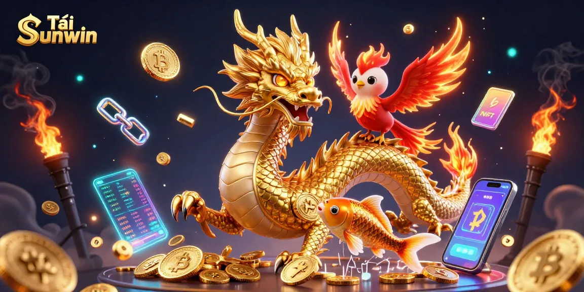 Tải Sunwin for thrilling online gaming with a vibrant illustration of a dragon, phoenix, and koi fish.
