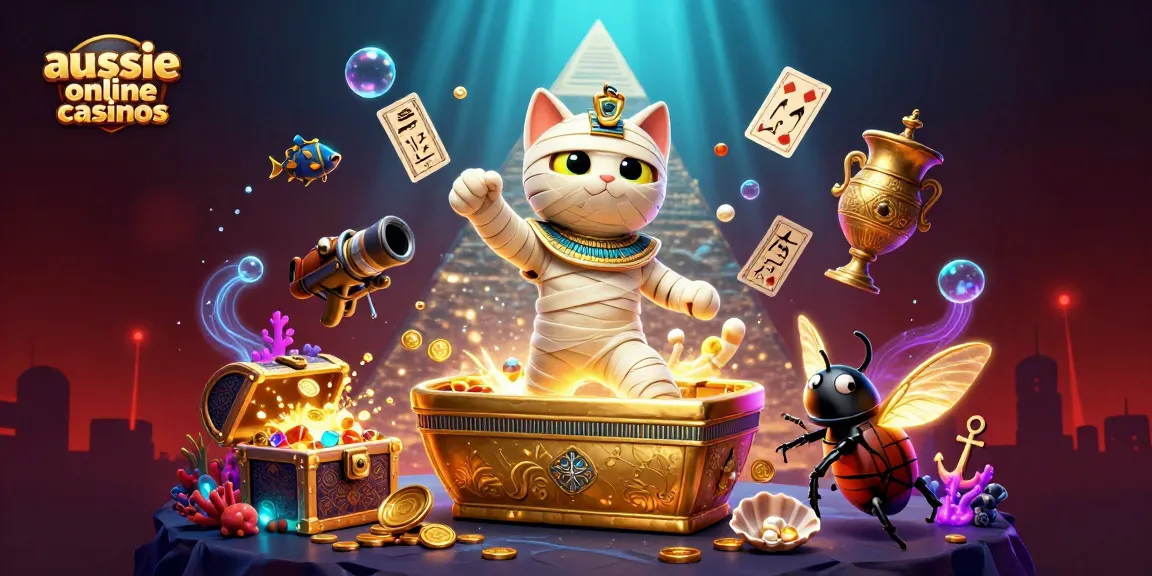Aussie online casinos come alive with a mummy cat and scarab beetle in a vibrant, dynamic casino scene.