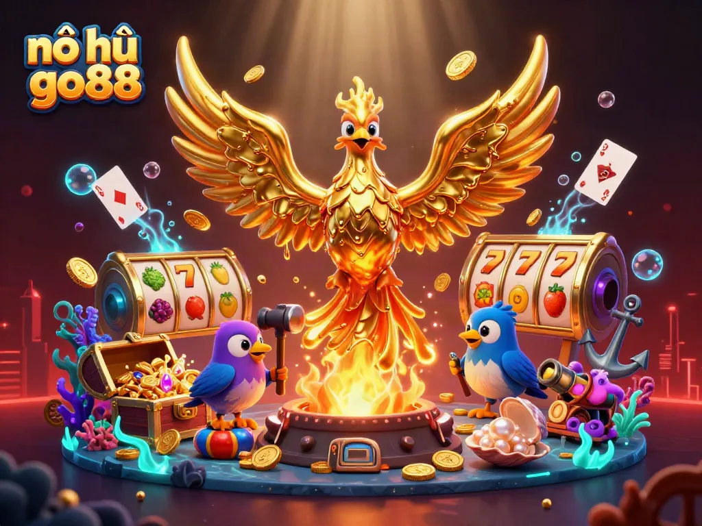 Experience the thrill of nổ hũ go88 as golden phoenixes emerge, surrounded by vibrant slot elements and treasures.