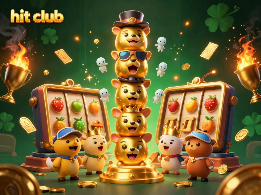 Experience the excitement at hit club with vibrant 3D totem illustrations and dynamic casino symbols.