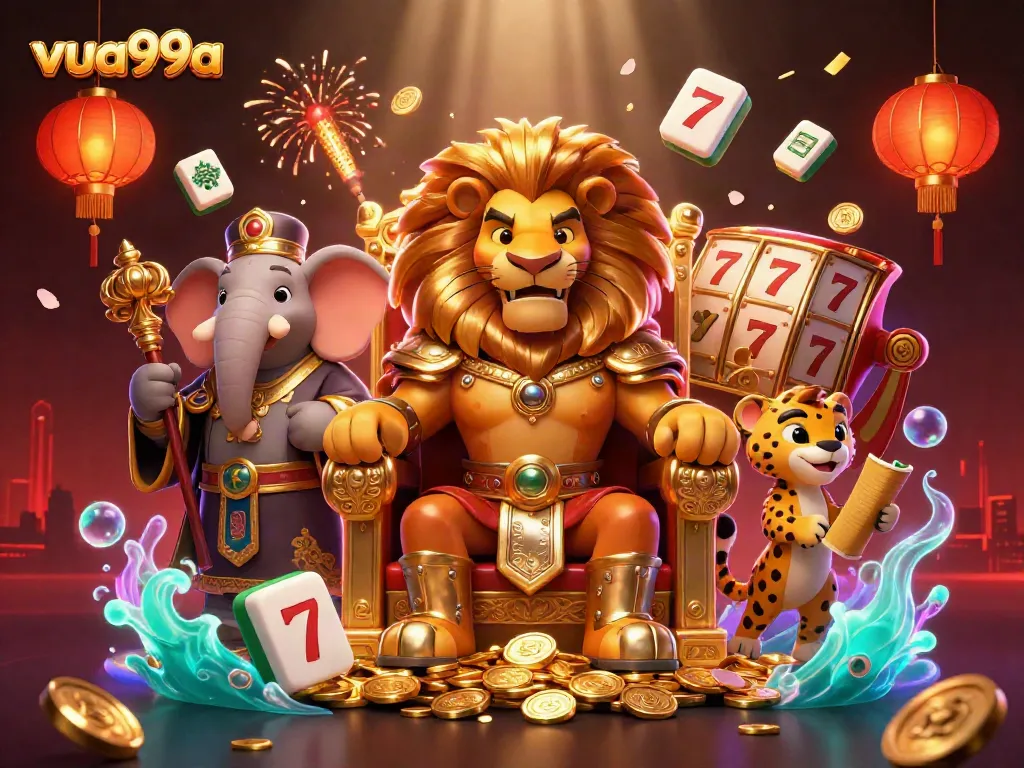 Experience the vibrant world of vua99a with a dynamic 3D casino scene featuring a lion king, elephant advisor, and cheetah messenger.