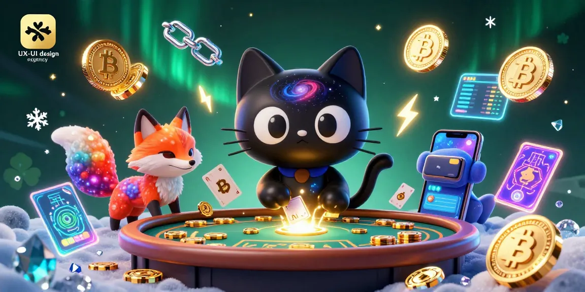 Captivate with this cosmic casino scene showcasing a UX/UI design agency's innovative charm, featuring a black hole cat at a gaming table.