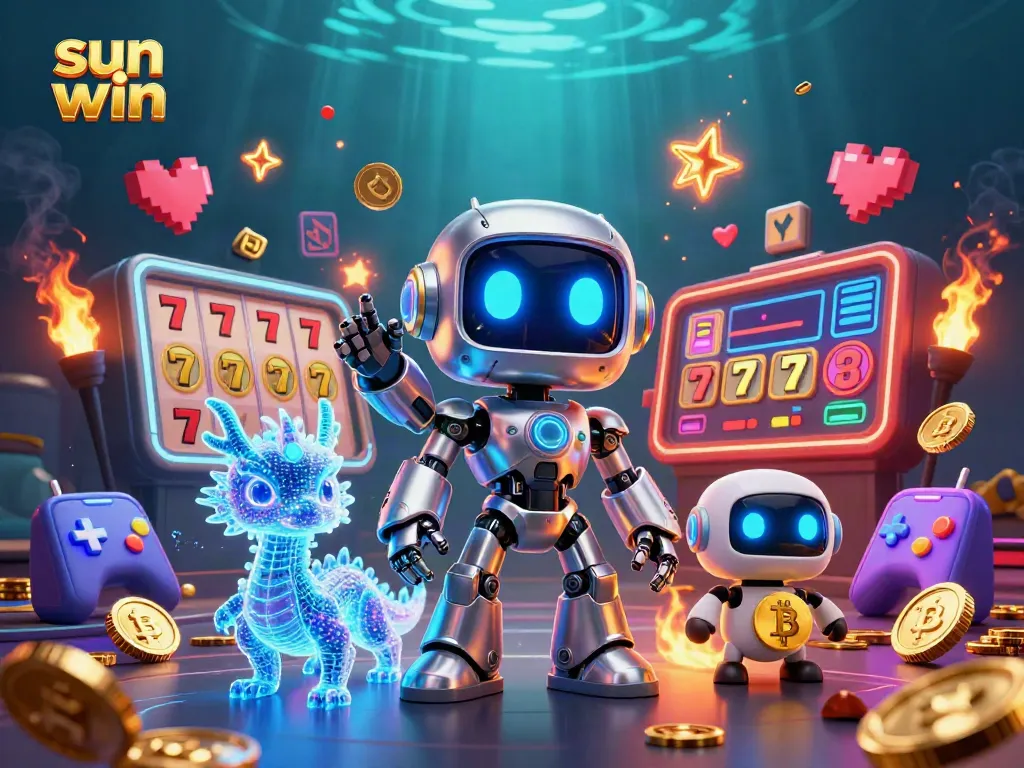 Engage with the thrilling "sun win" casino world featuring colorful 3D slots and a cyberpunk mascot.
